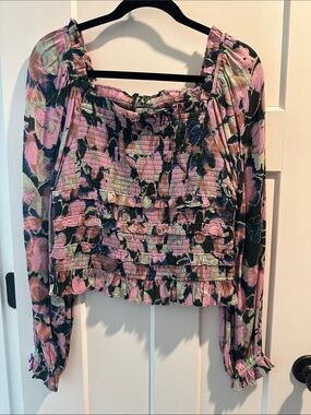 Sam Edelman Smocked Floral Long-Sleeve Crop Top in Pink